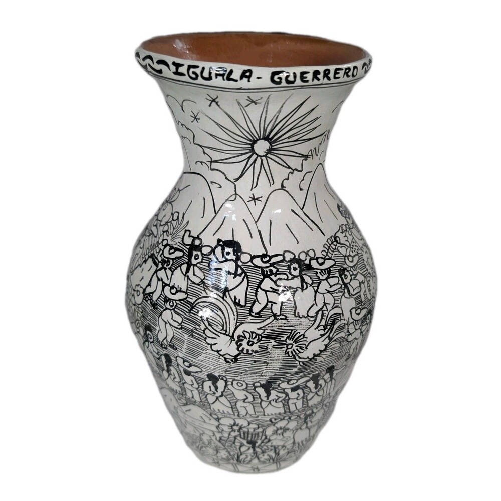 Vintage Mexican Folk Art Vase Hand Painted Pottery Clay Marked IGUALA-GUERRERO